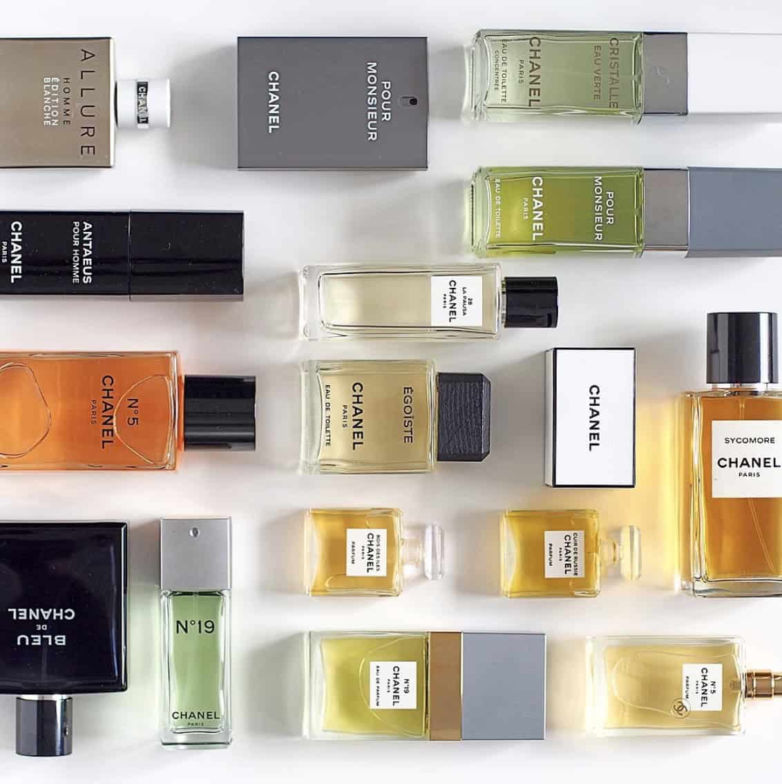 bottle of Chanel cologne laid out on a white background
