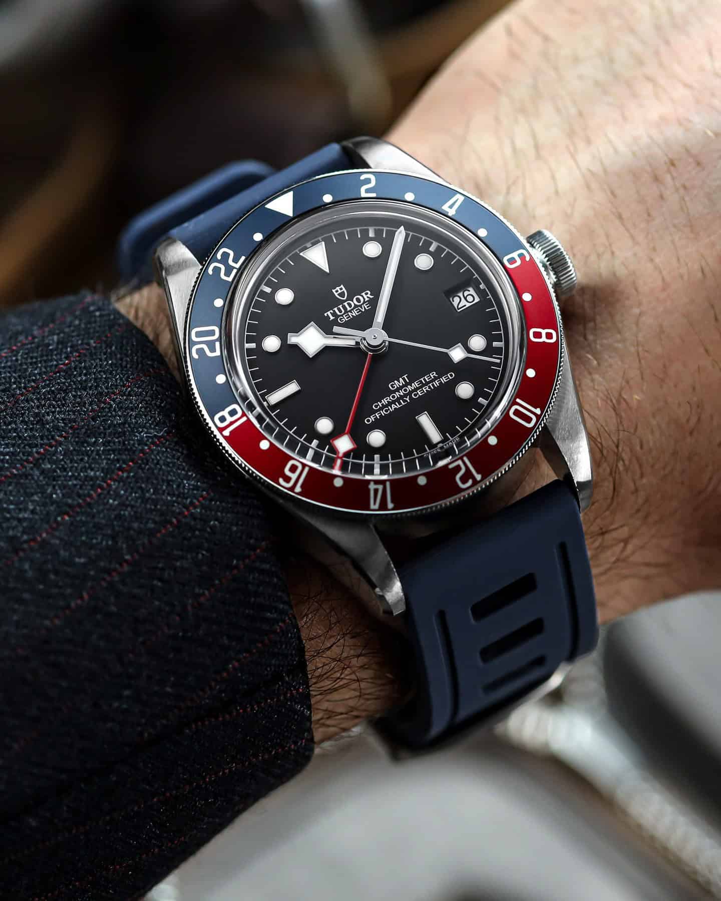 Tudor watch paired with blue rubber straps
