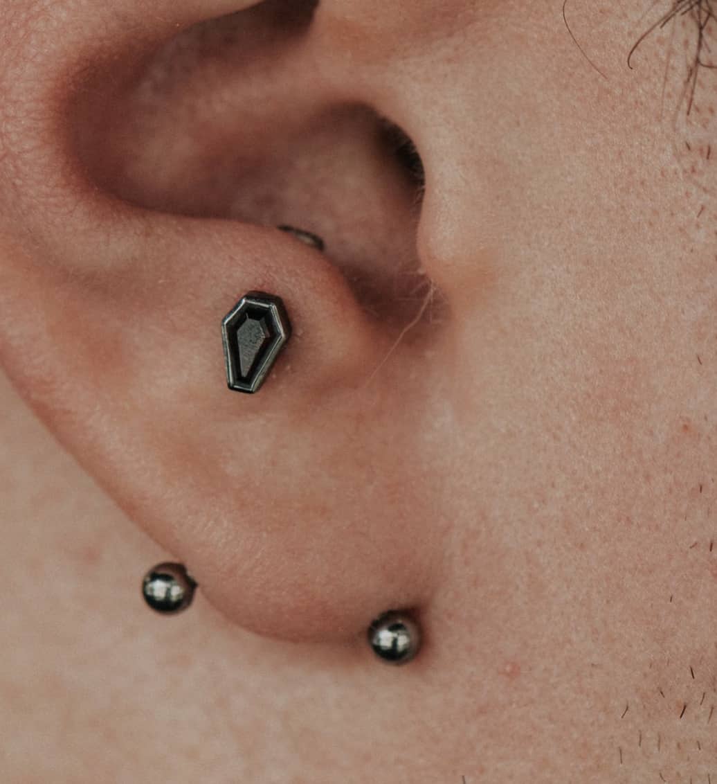 close up of an anti-tragus piercing