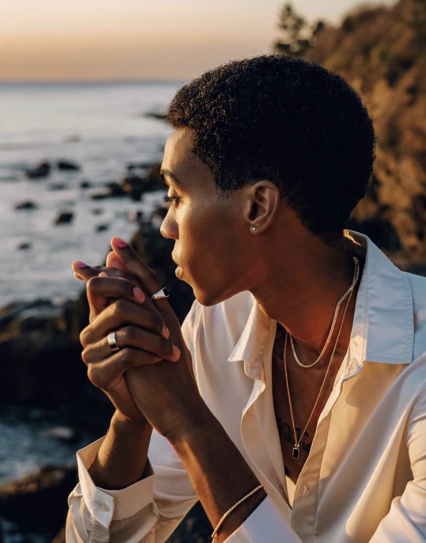 a man at sunset, at a sea shore looking away from the camera, wearing various jewlery