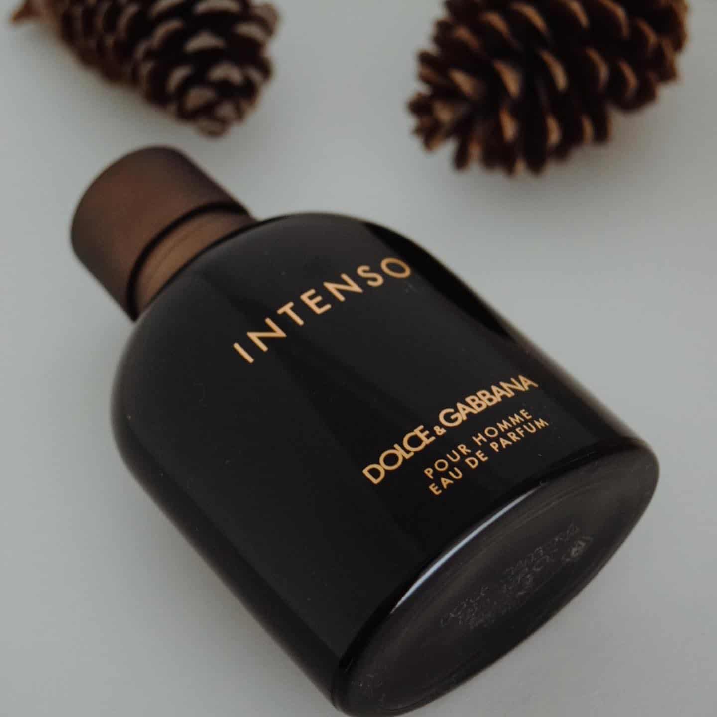 A bottle of Dolce & Gabbana Intense and pine cones