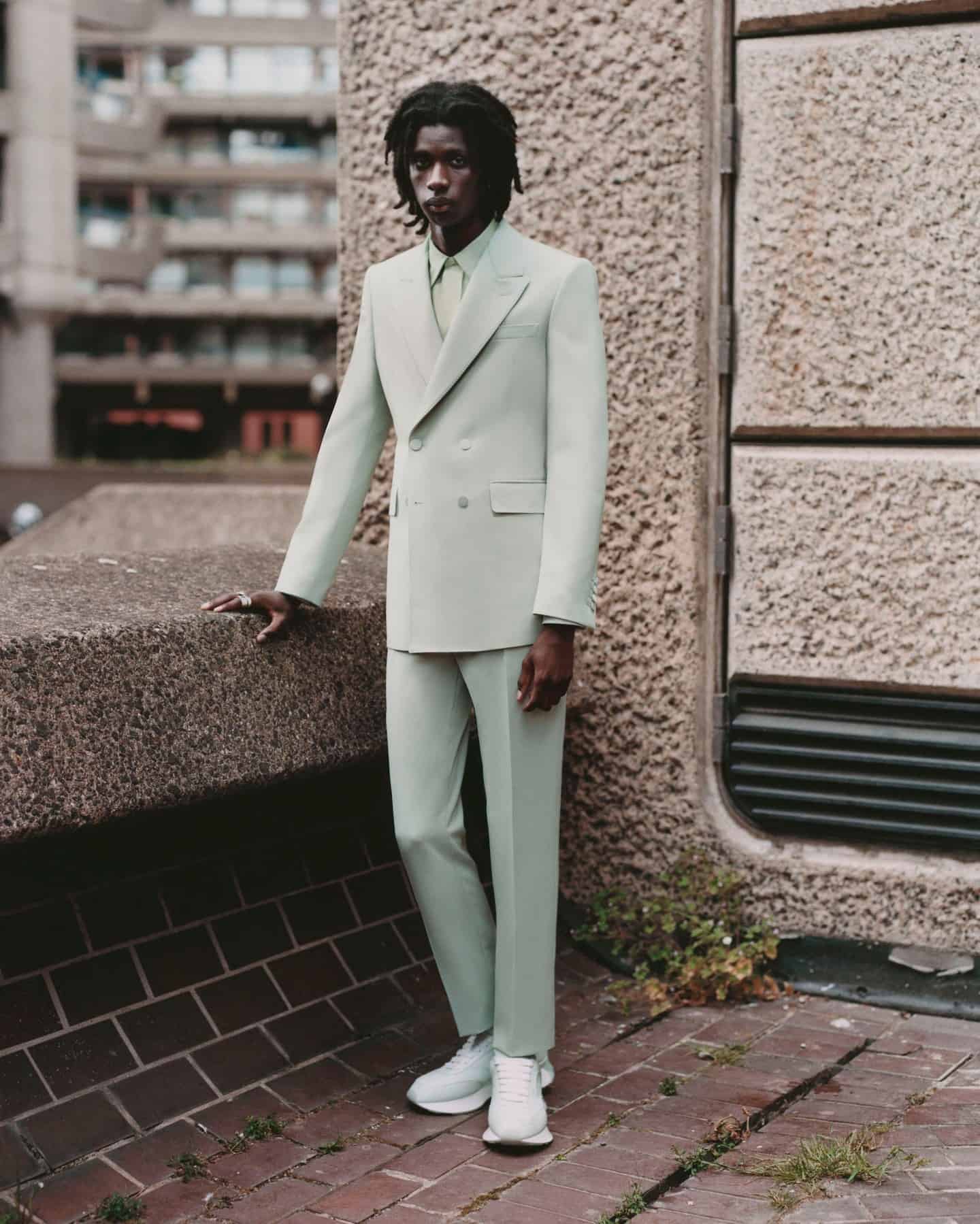 Alexander McQueen double-breasted tailored suit and shirt in mint