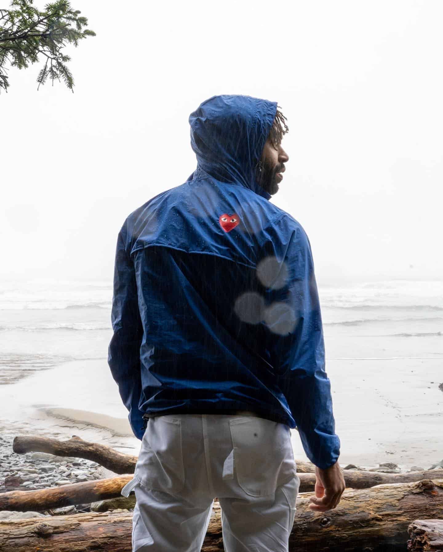 Comme des Garçons x KWAY in a rainy weather