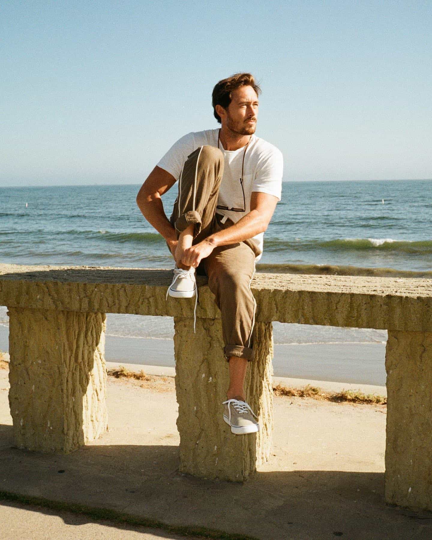 Wearing the Salt Washed Striper at the beach
