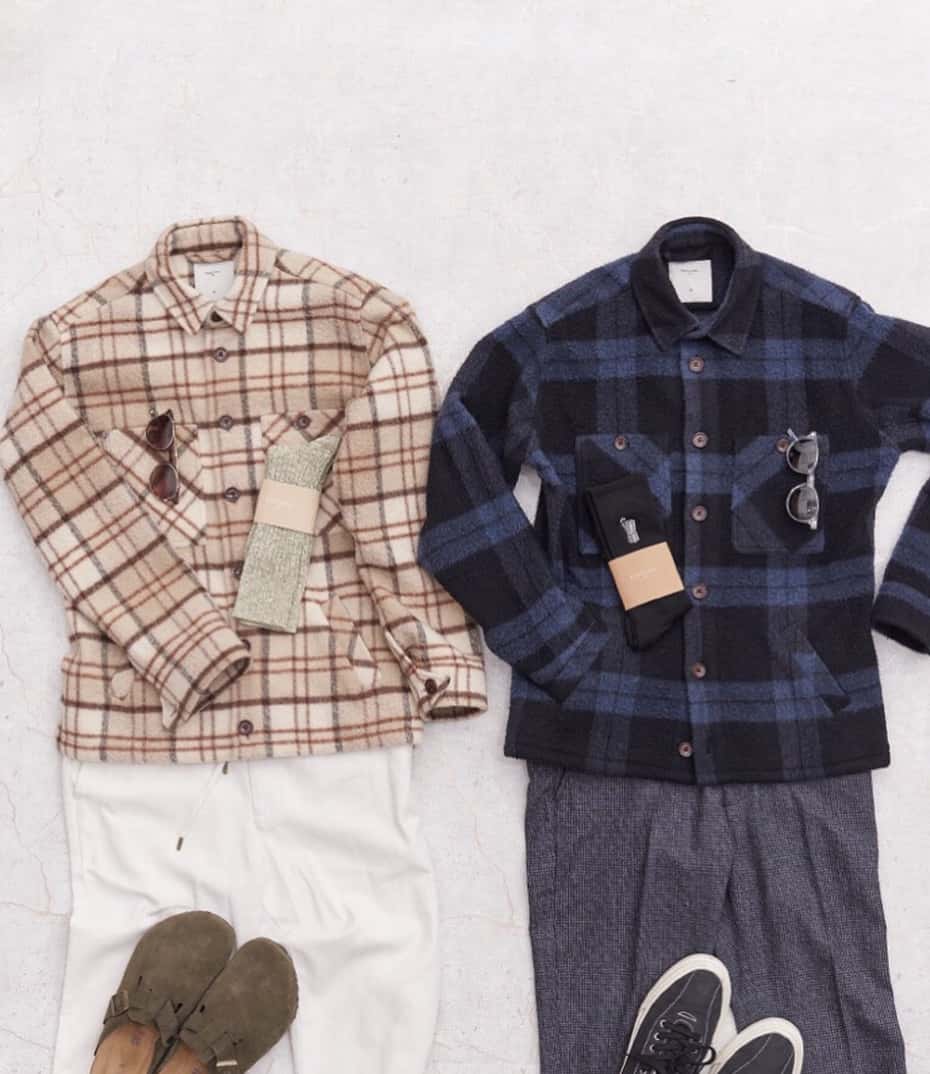 flat lay of two flannel outfits