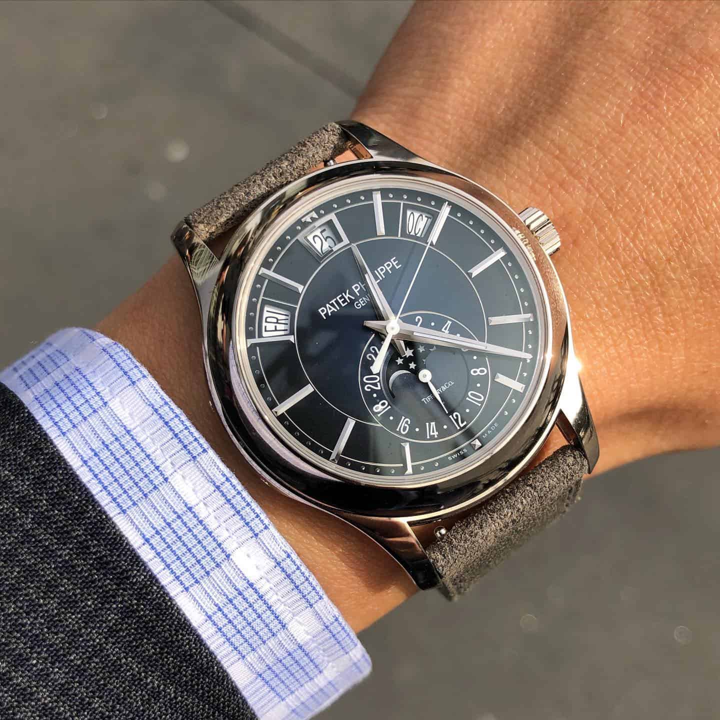 wearing a Patek Philippe 5205G