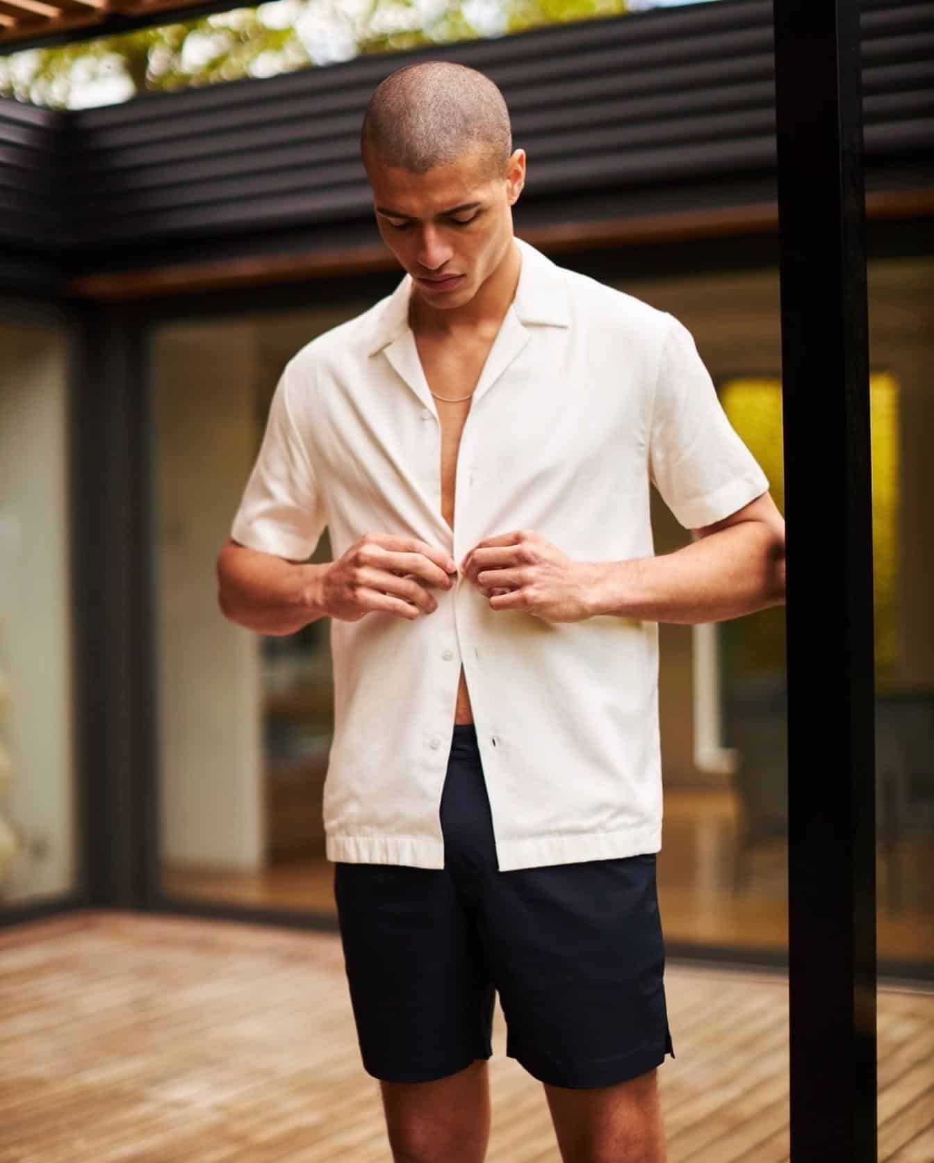 male model buttons his shirt
