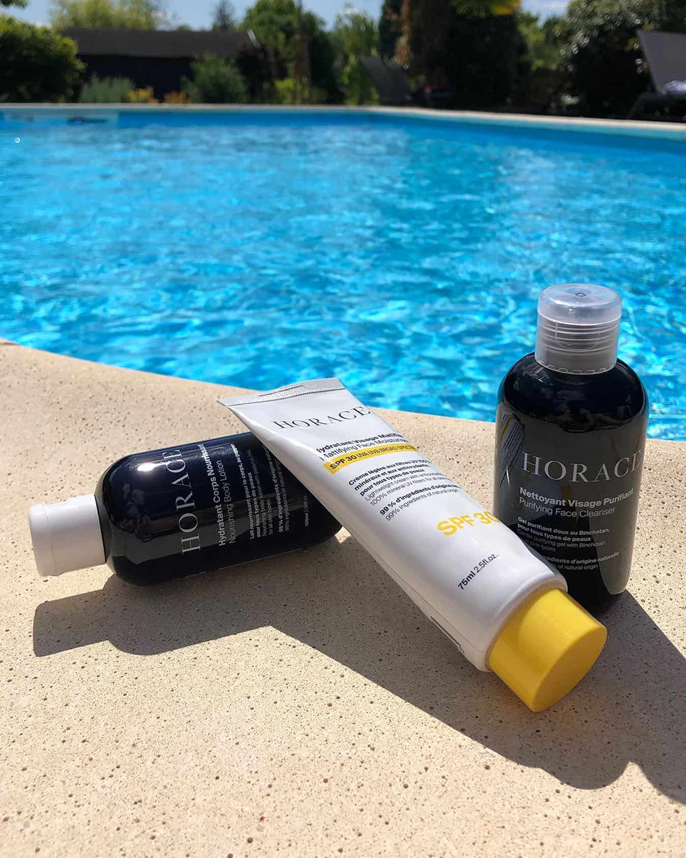 horace skincare products by the pool