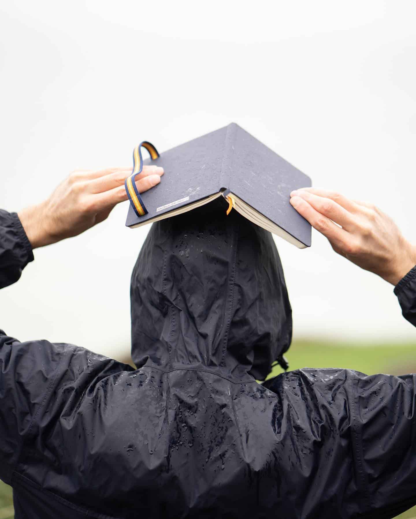 using a notebook to cover the head from rain