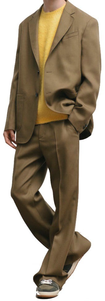 relaxed brown suit on model