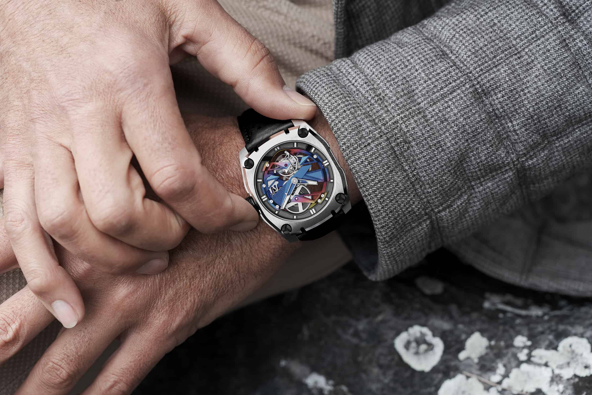 Rainbow Tourbillon Watch from CODE41, close up on a man's wrist