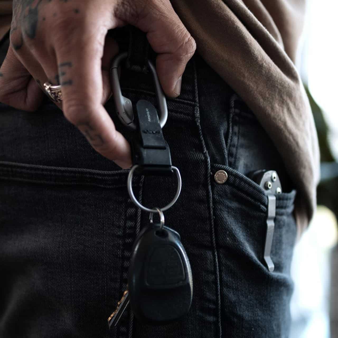 key clip hanging by the belt loop