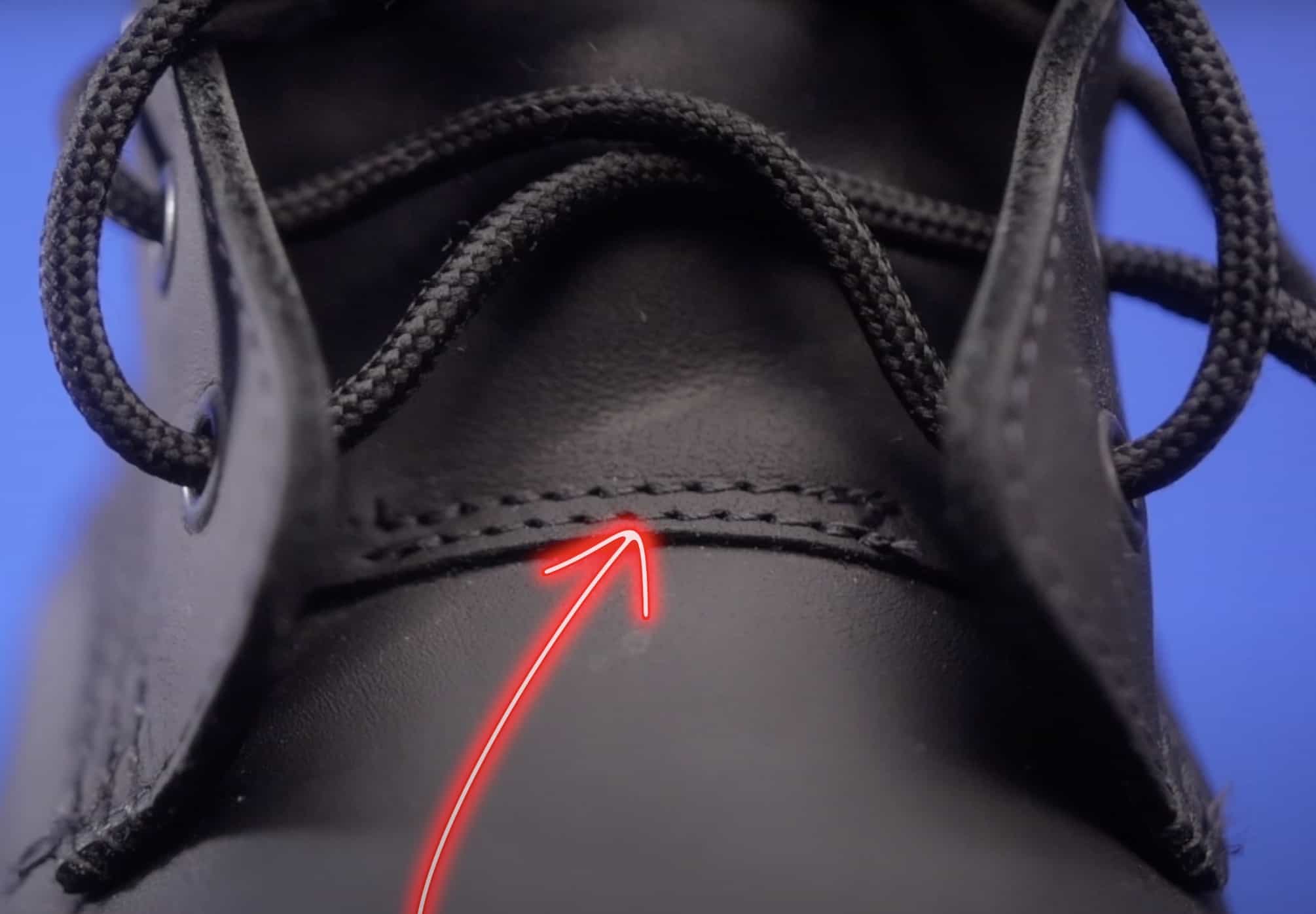 close up of the stitching on the tongue of a Solovair boot