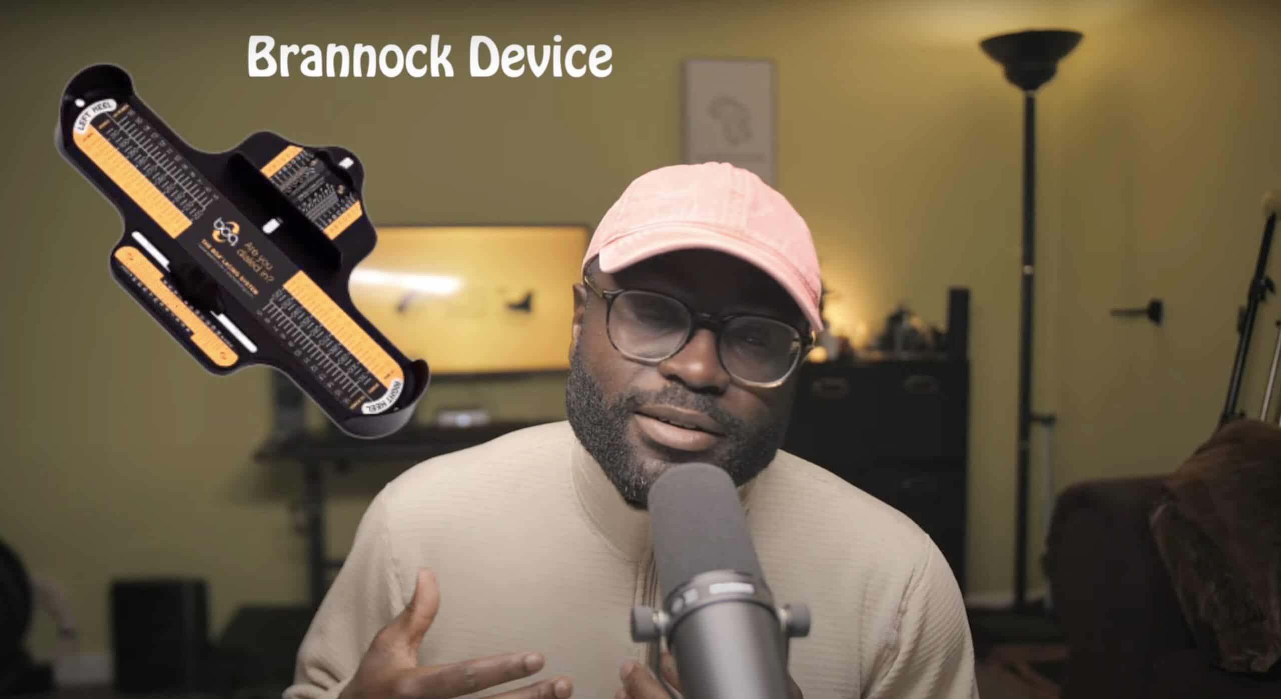 man talking into a microphone, with an image of a brannock device shown in the corner