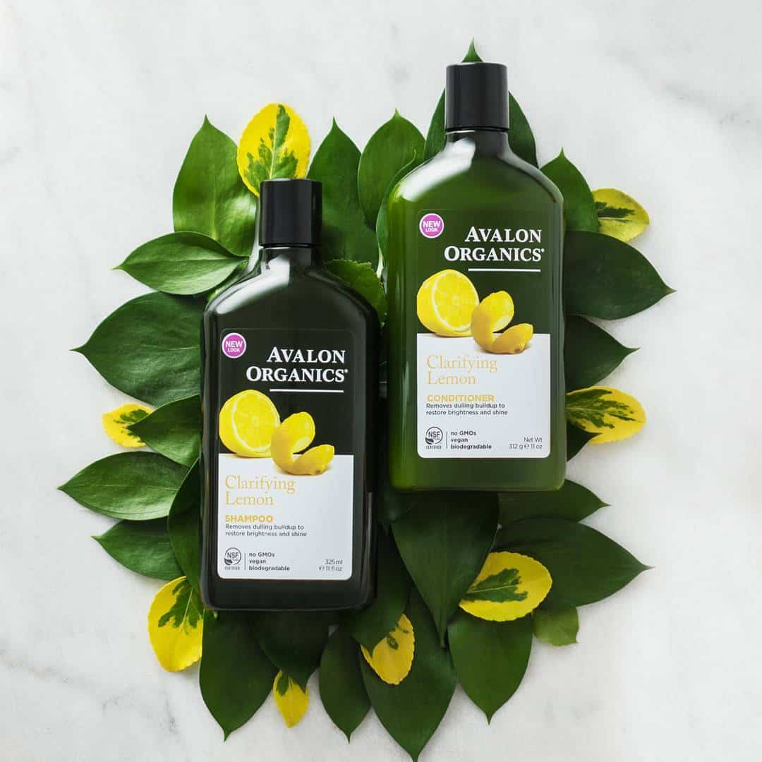 bottles of lemon scent shampoo and conditioner from avalon organics
