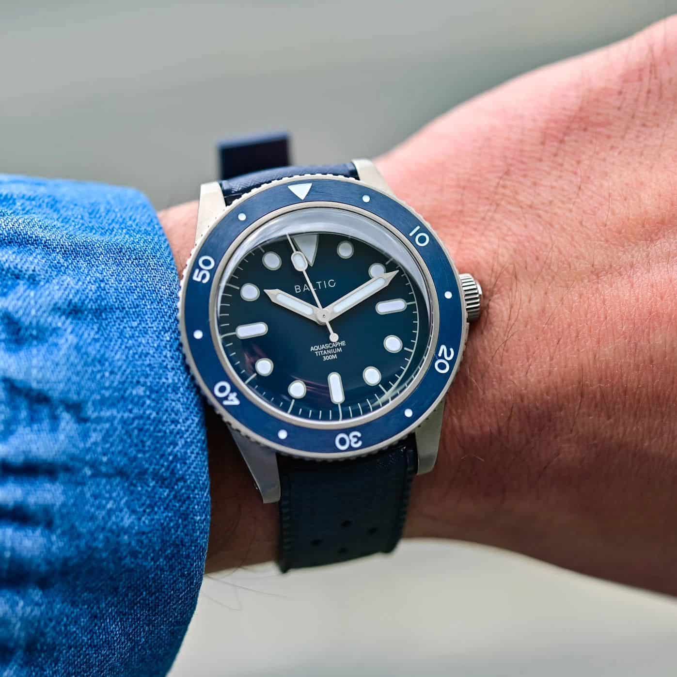 wearing an aquascaphe titanium watch by baltic