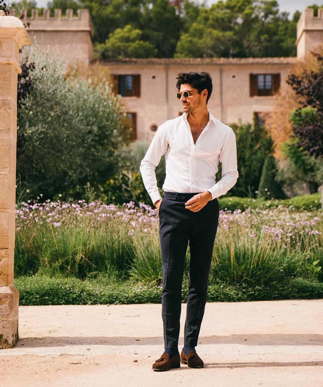 man walking with flowers on the background