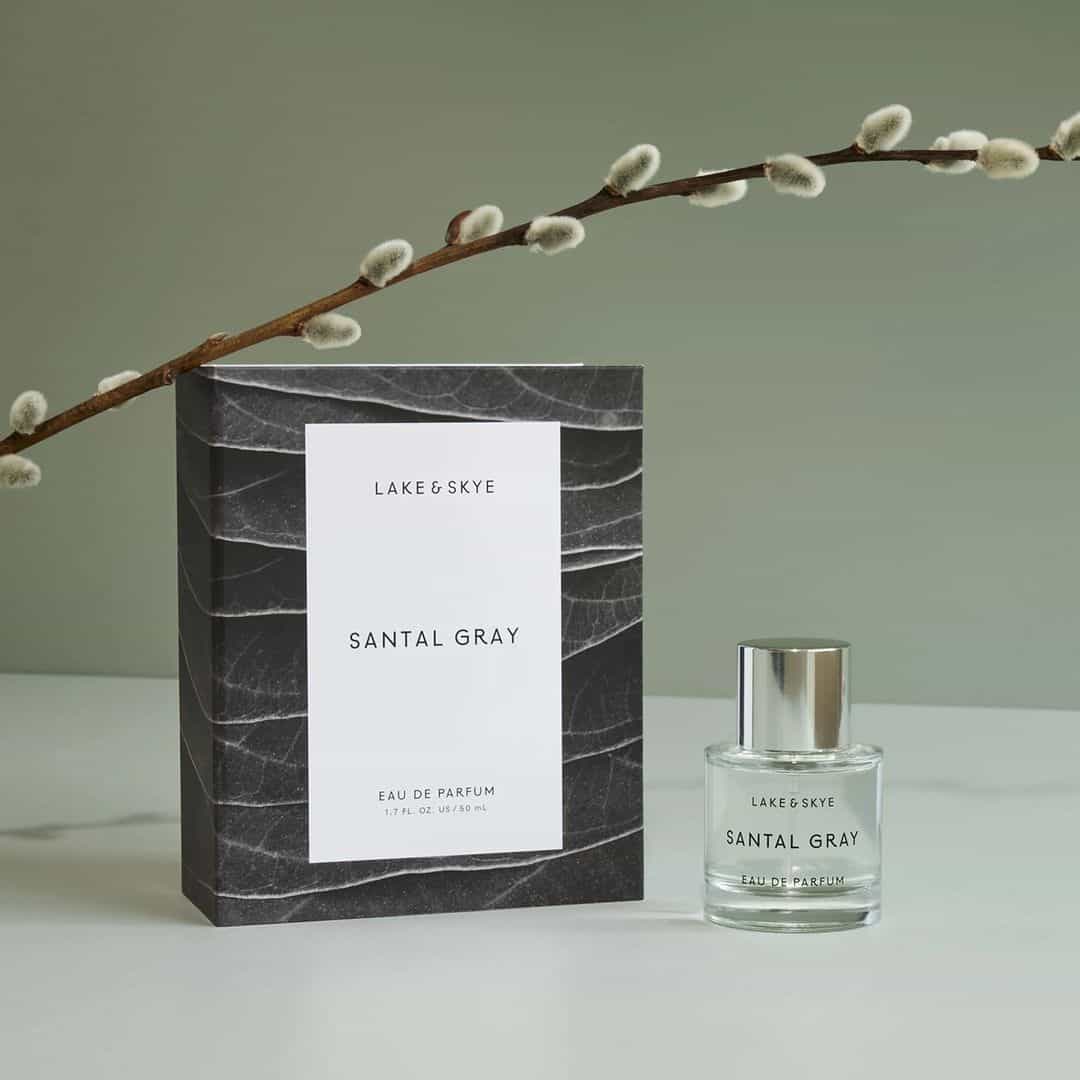 a box and bottle of santal gray by Lake and Skye