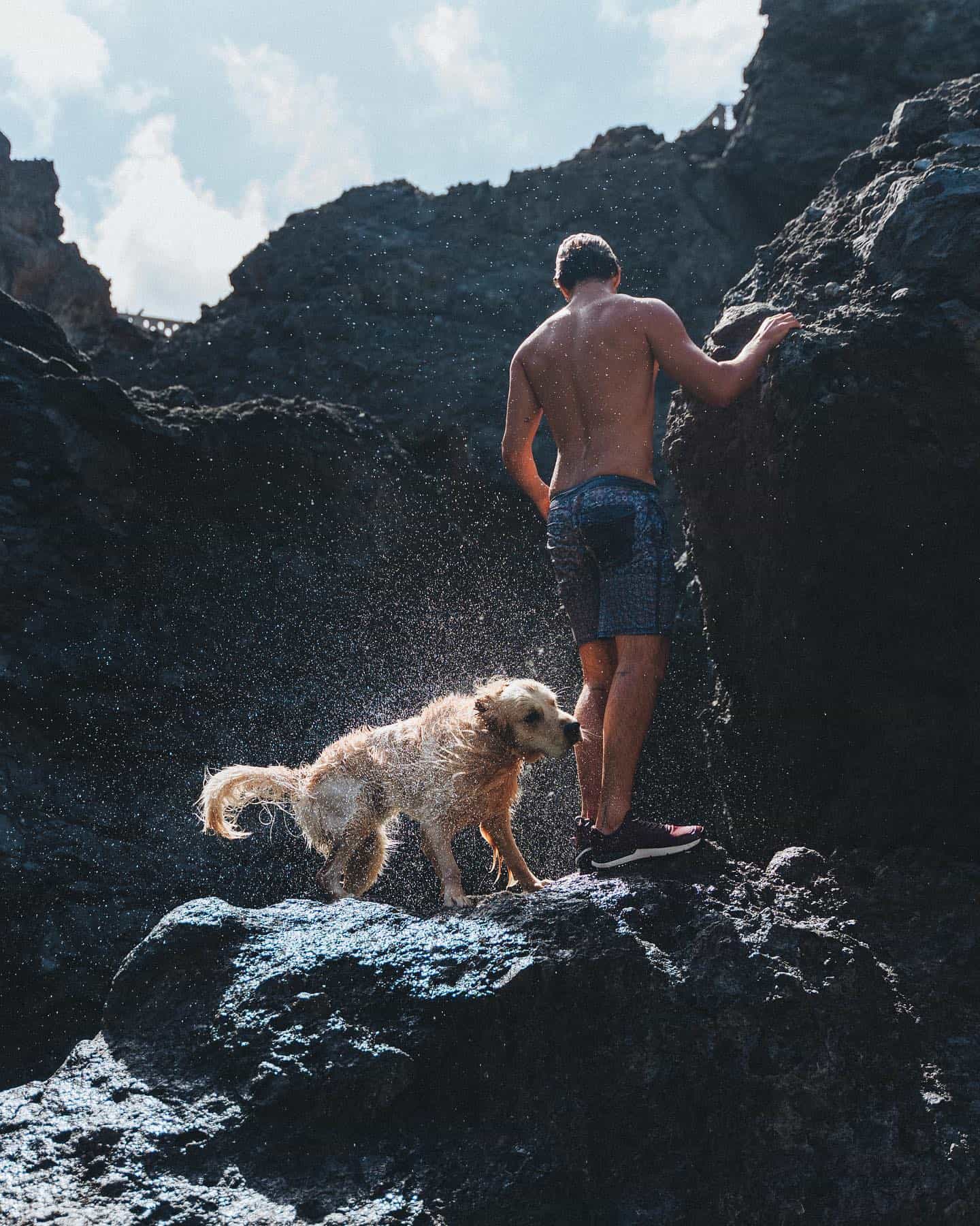 soaked man and his dog standing on a rock