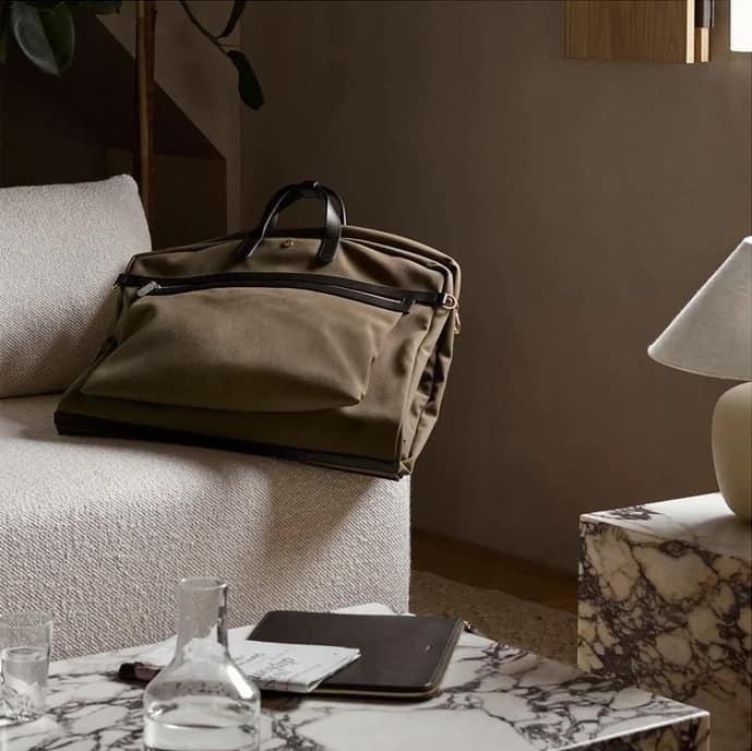 a suit carrier on the sofa