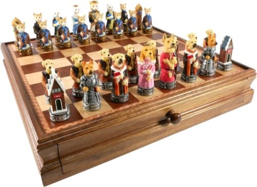 Cats Vs. Dogs Chess Set with Walnut Maple Chest