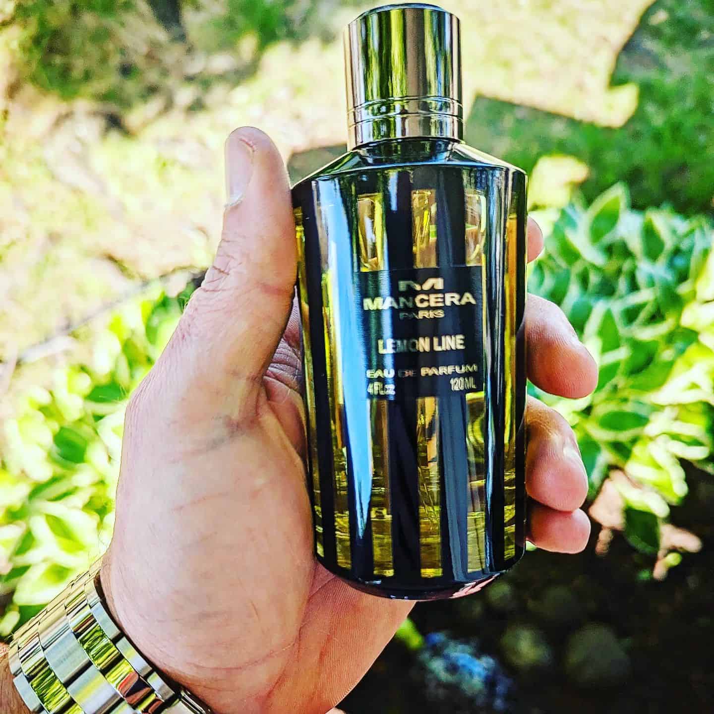 holding a bottle of lemon lime cologne by mancera