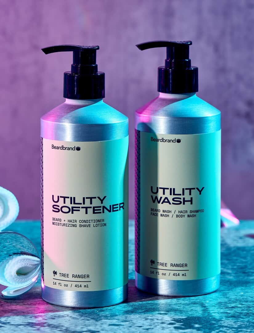 bottles of utility softener and utility wash by beardbrand