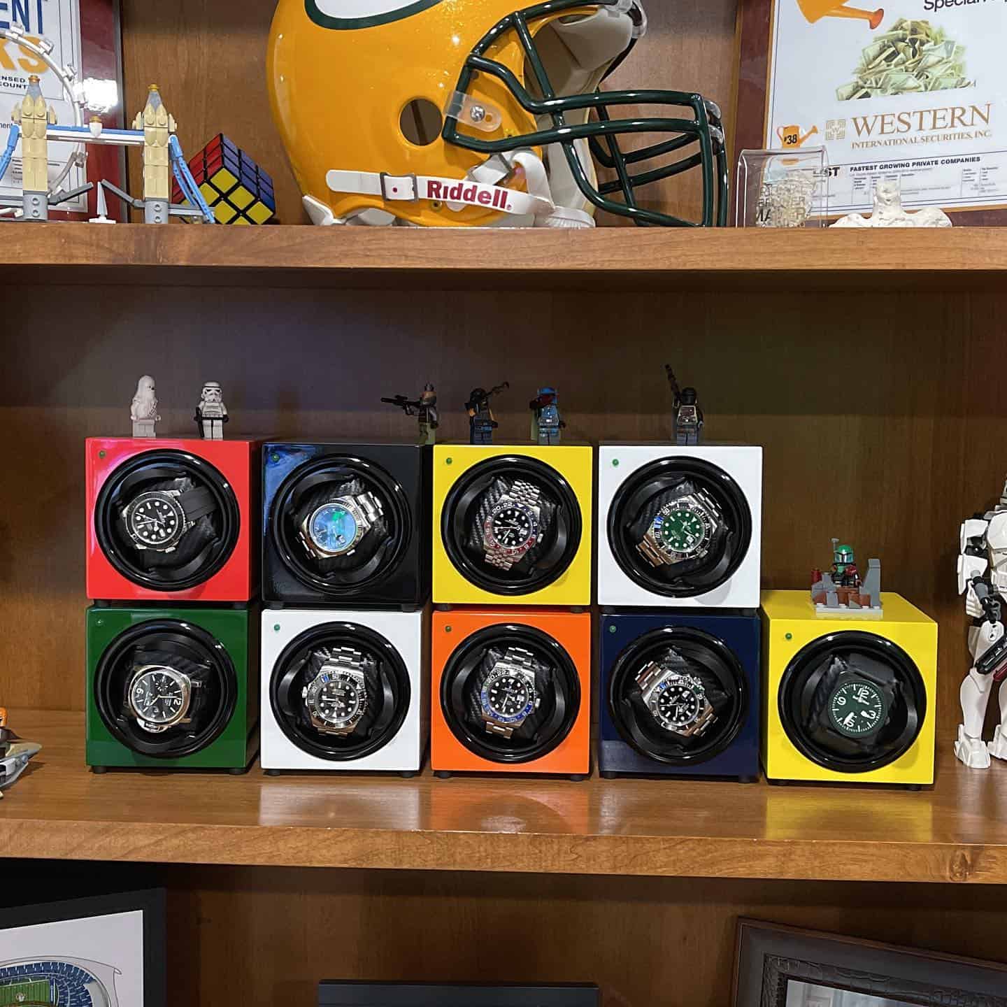 a collection of automatic watches in winders
