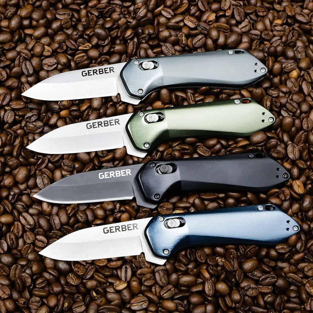 a collection of gerber folding knives
