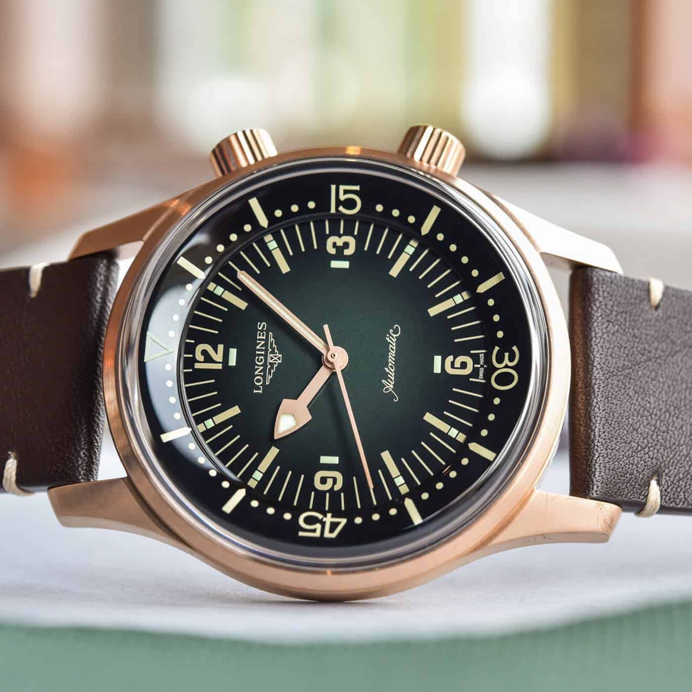 close up image of longines legend bronze diver watch