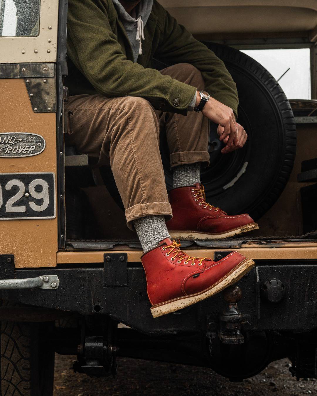 man wearing a classic moc boots by red wing heritage