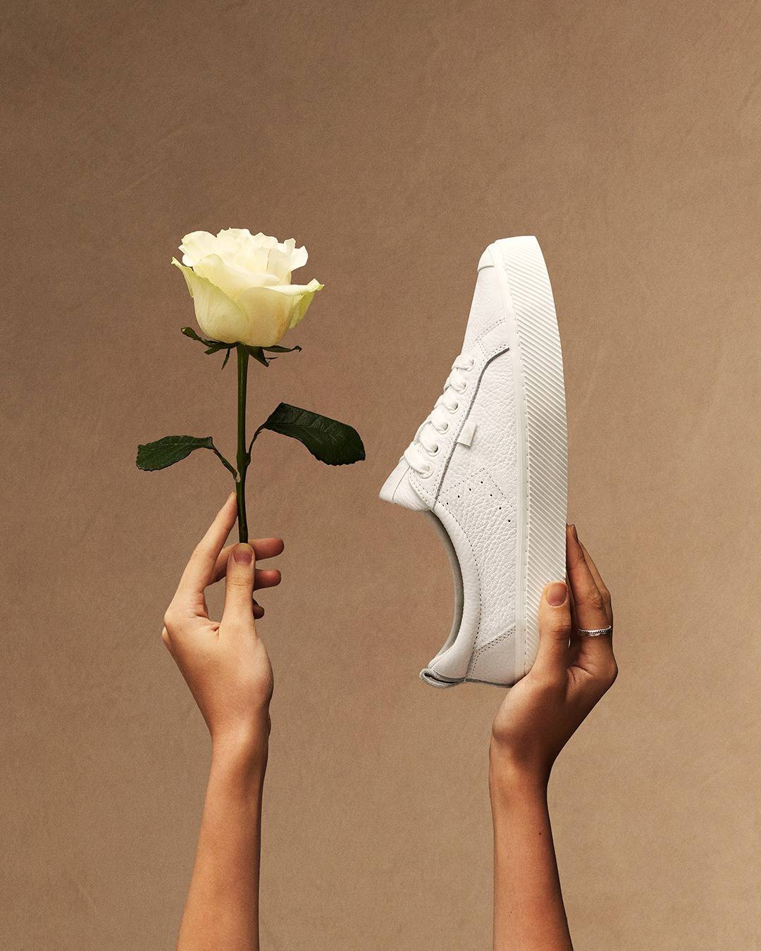 holding a white rose and a white sneaker
