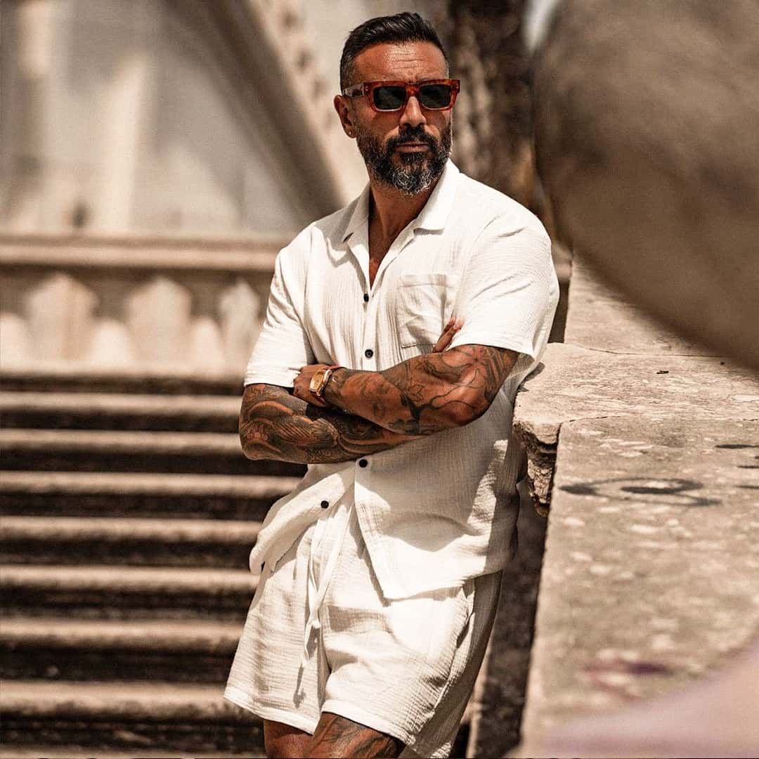 man wearing a textured set of shirt and shorts