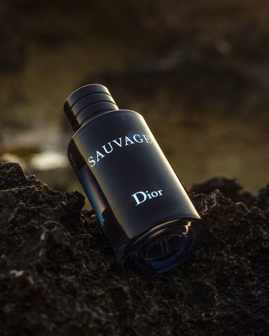 a bottle of dio sauvage cologne on a rock