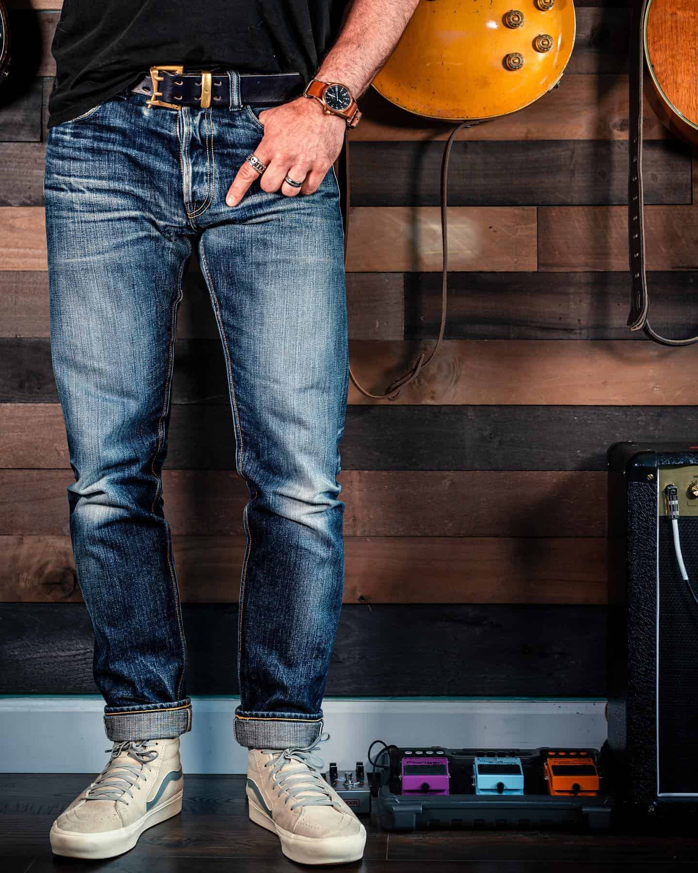 wearing a pair of slim tapered yoshi by Realign