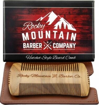 Top of the list of the best mustache combs: Rocky Mountain Barber Company Sandalwood Hatchet Style Comb