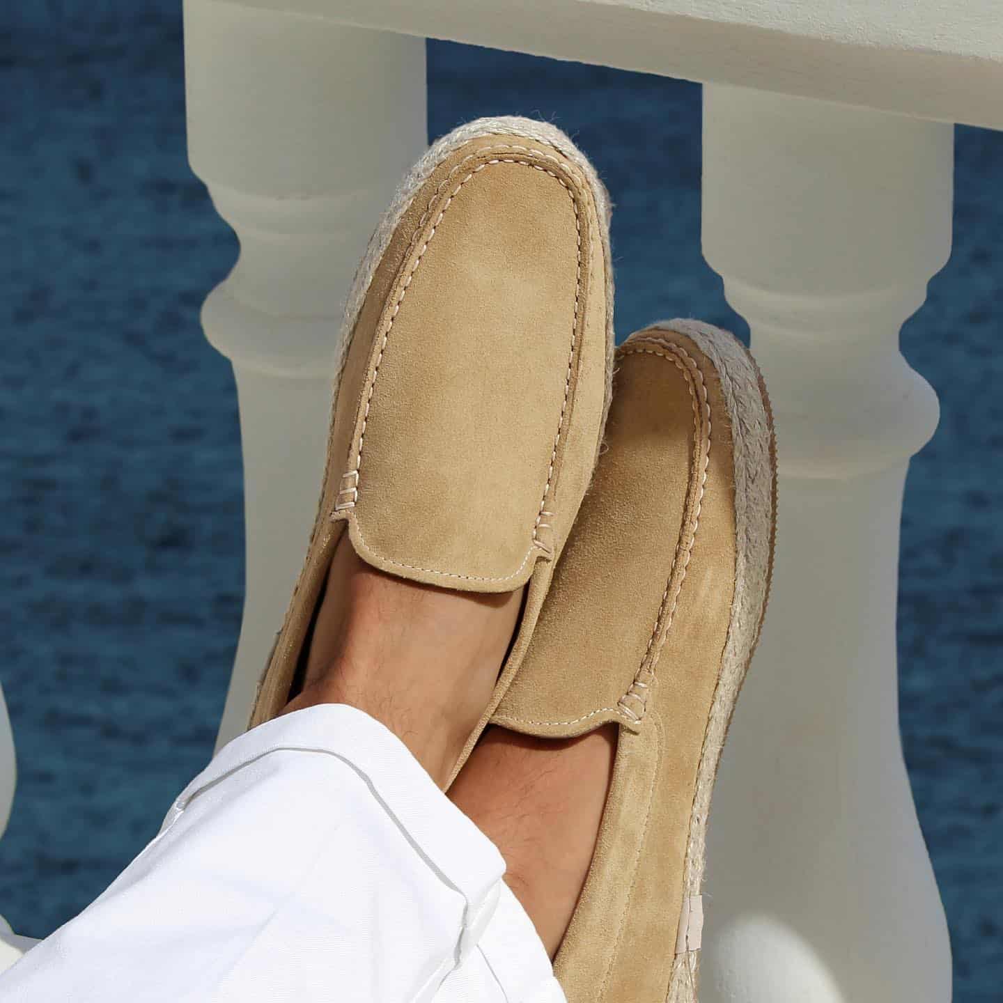 wearing a pair of aurelien suede seaside loafer