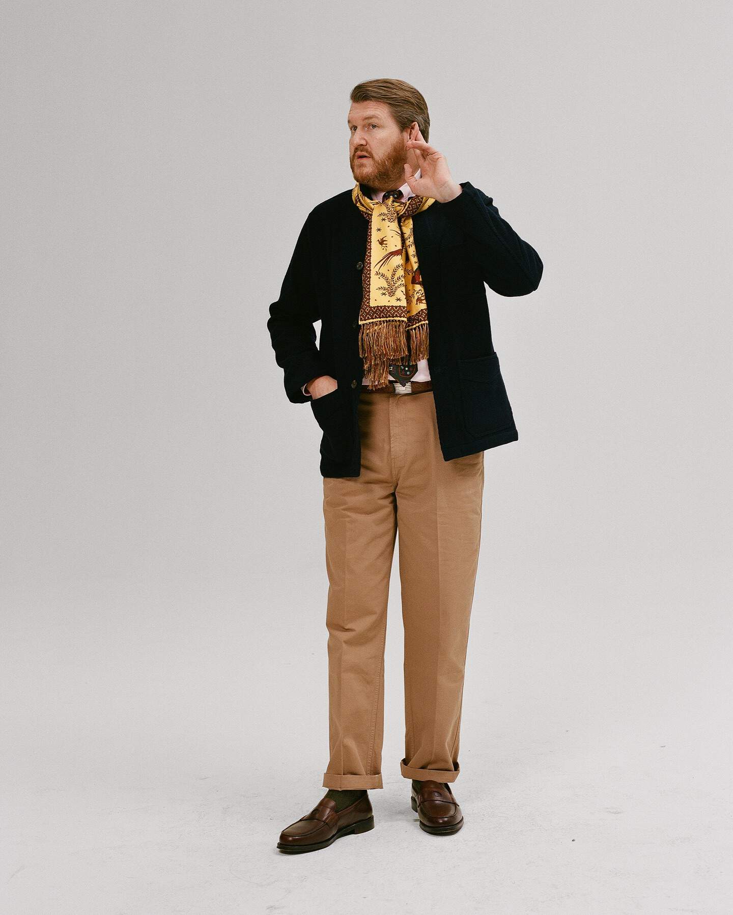 man wearing a five pocket wool chore jacket