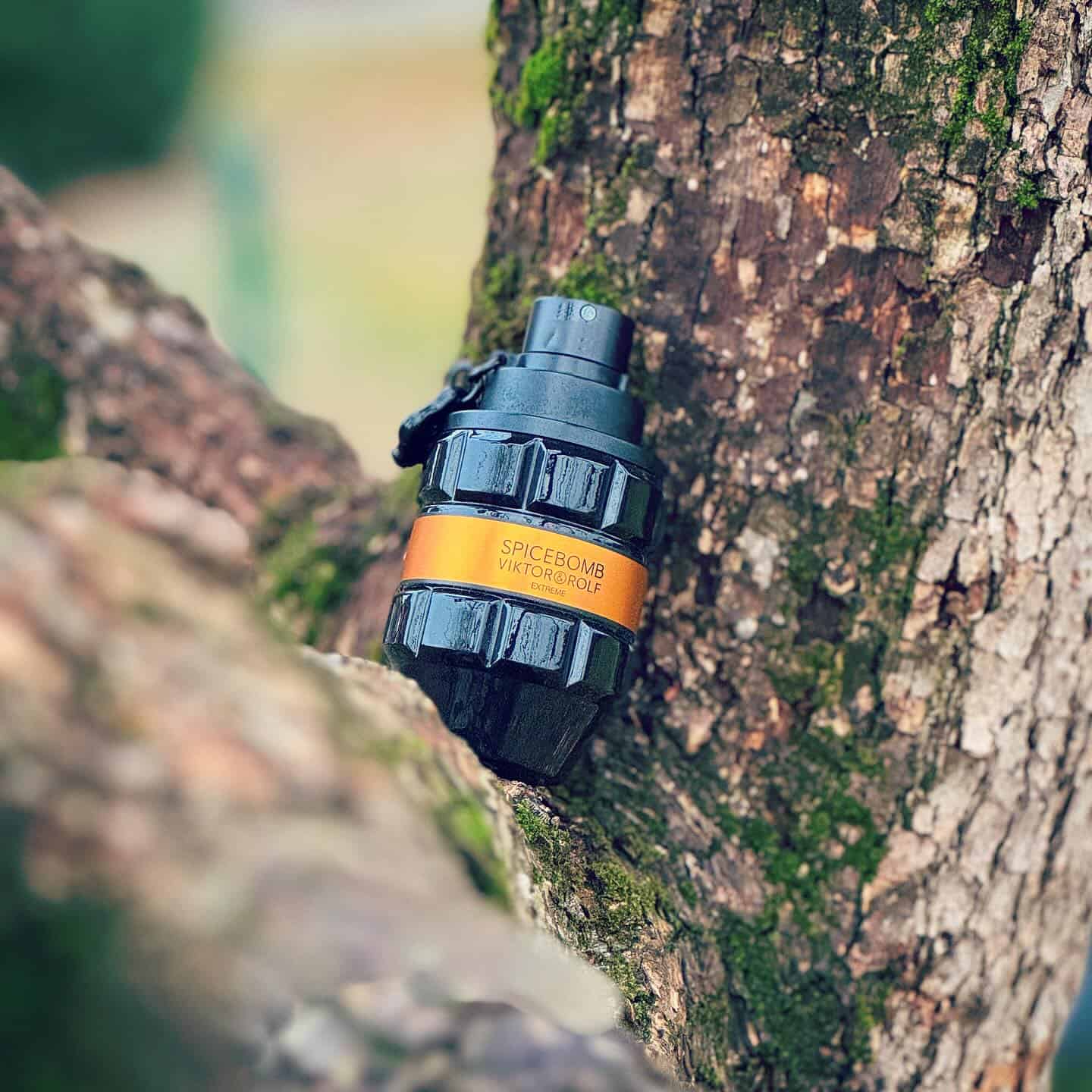a bottle of viktor and rolf spicebomb extreme cologne on a tree
