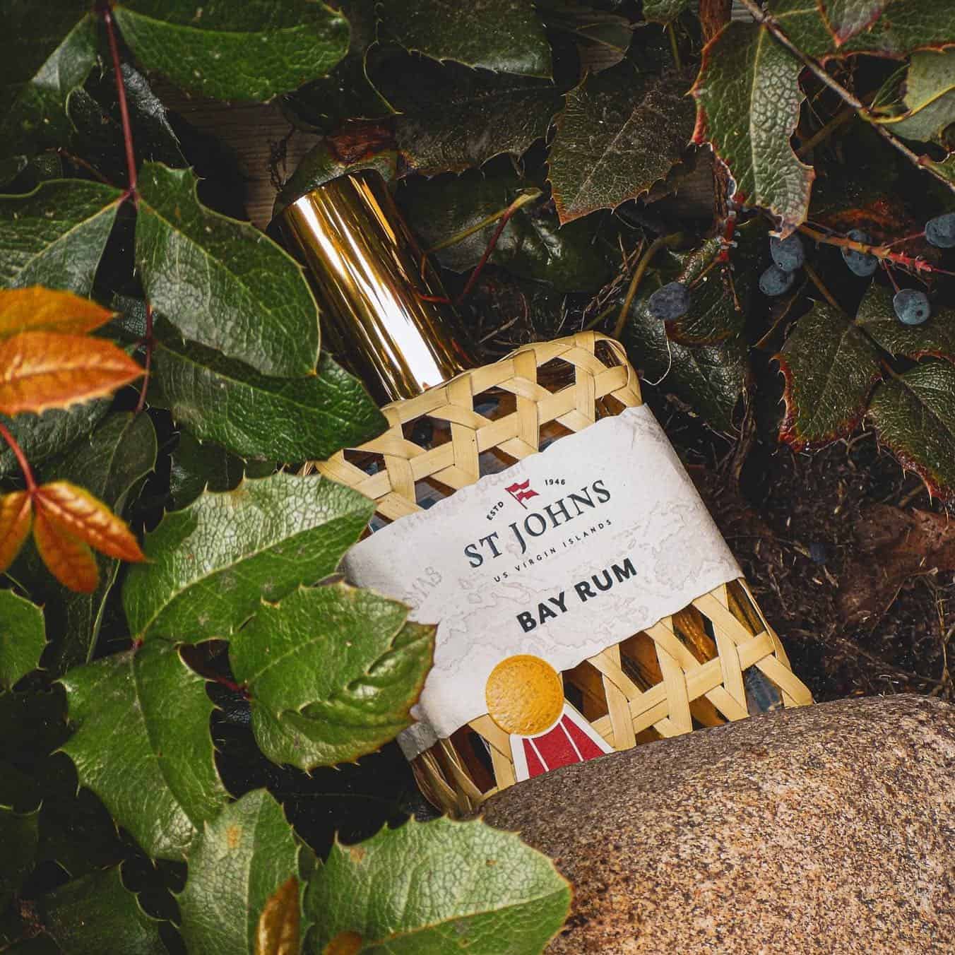 a bottle of st johns bay rum aftershave surrounded with leaves