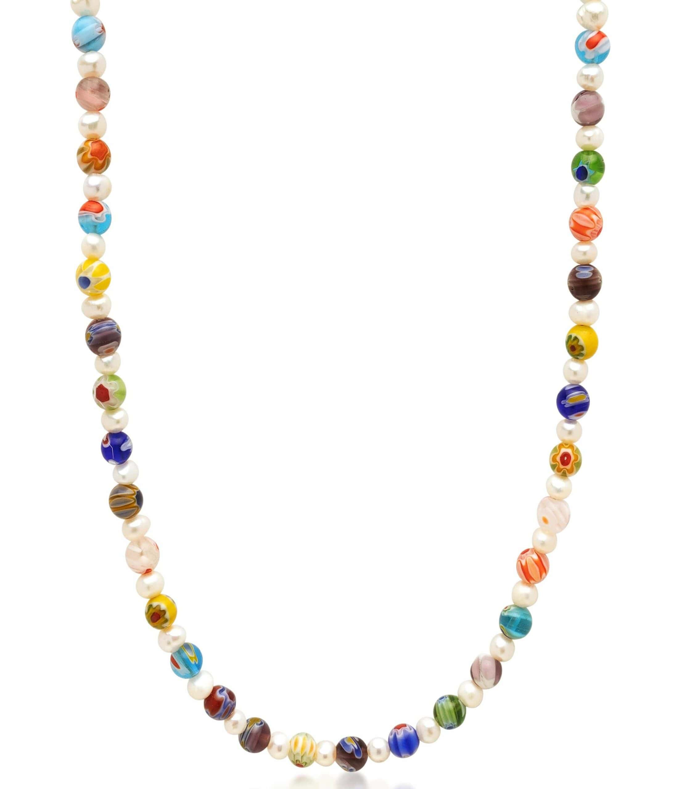 Nialaya Men's Pearl Necklace with Hand-Painted Glass Beads