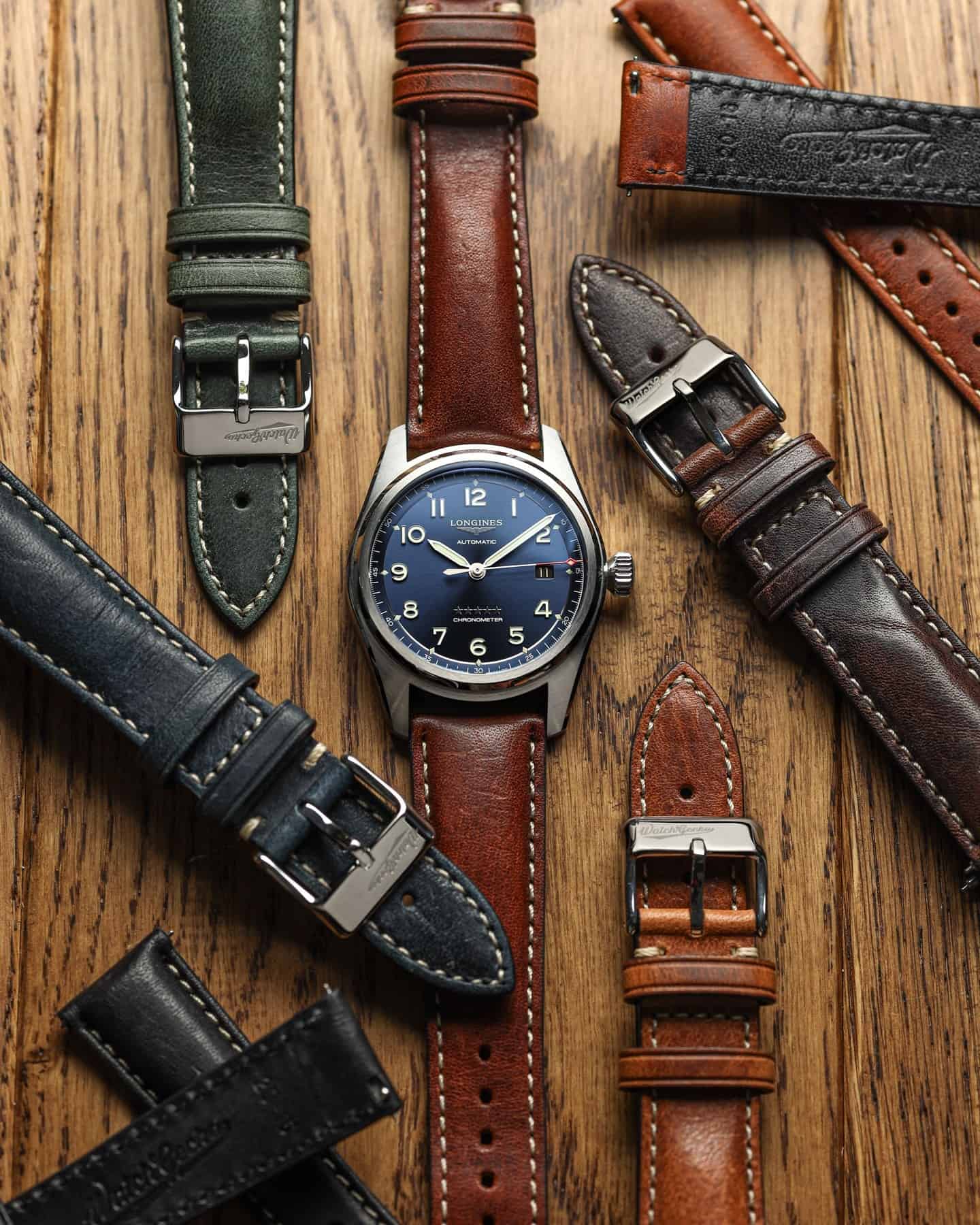 longines spirit watch surrounded by watchgecko leather straps