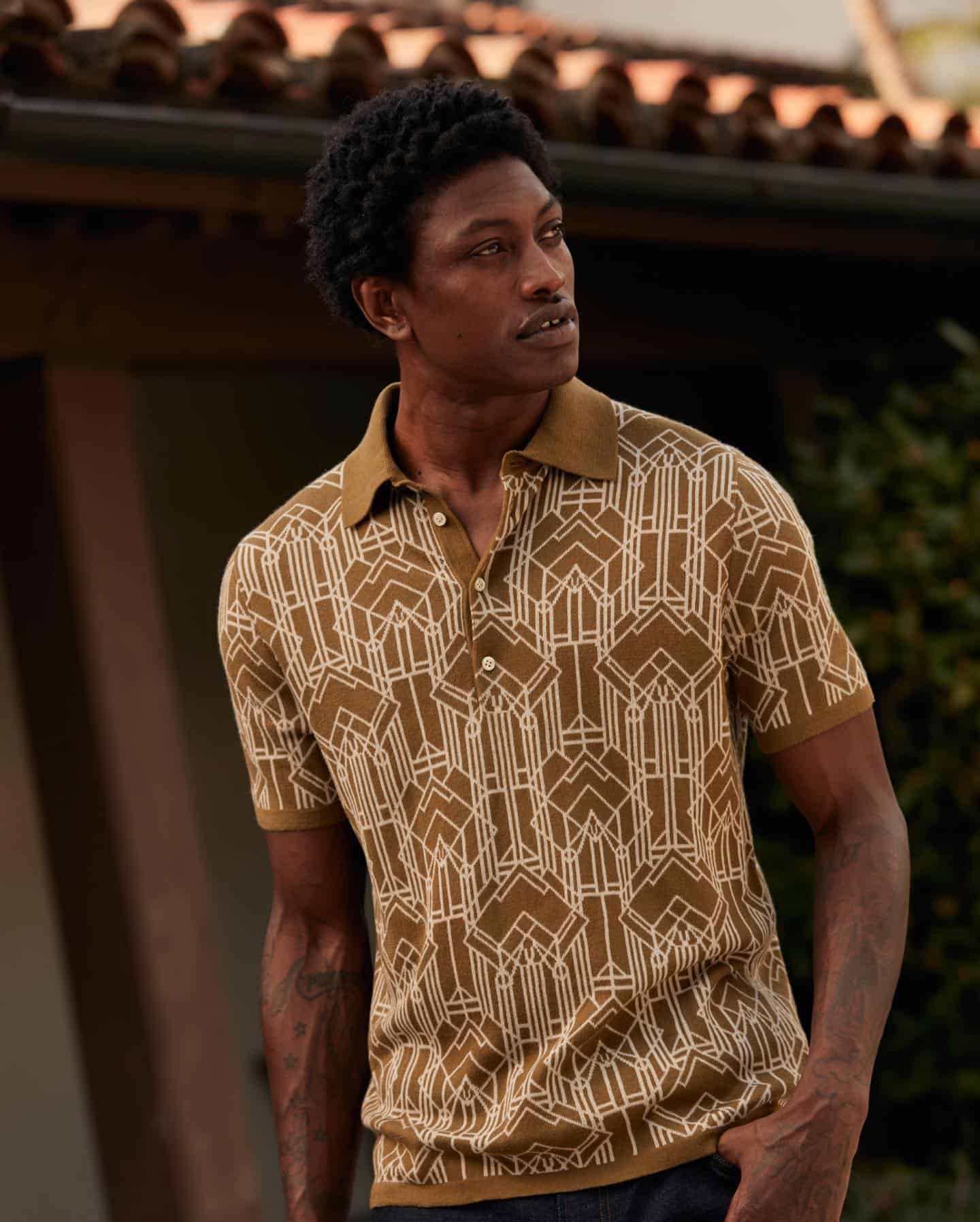 man wearing the stained glass sweater polo shirt by billy reid