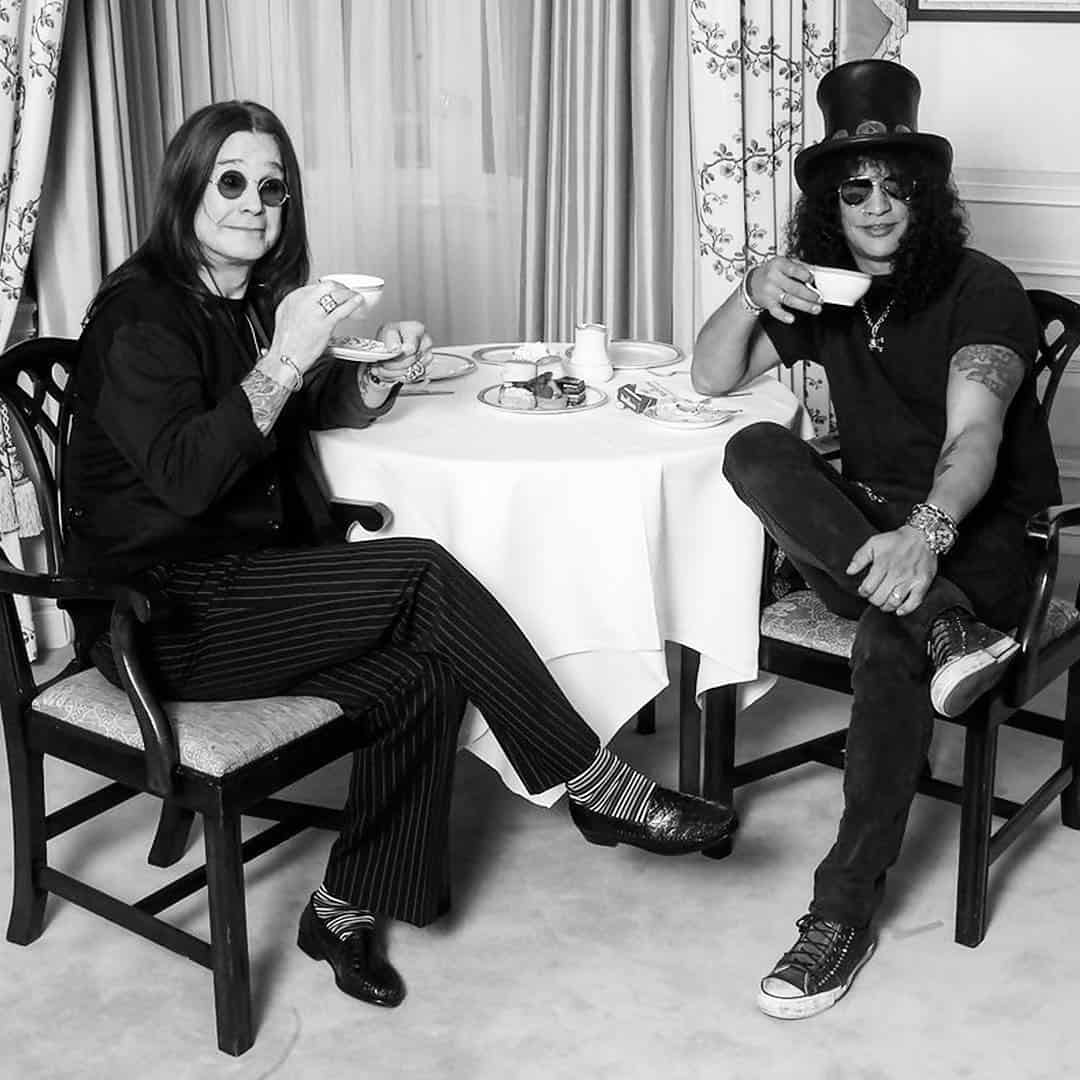 ozzy osbourne and slash from guns and roses having tea
