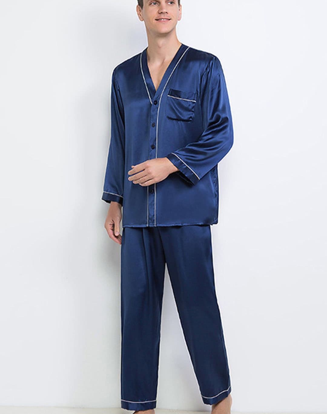 man in a blue soft silk night suit