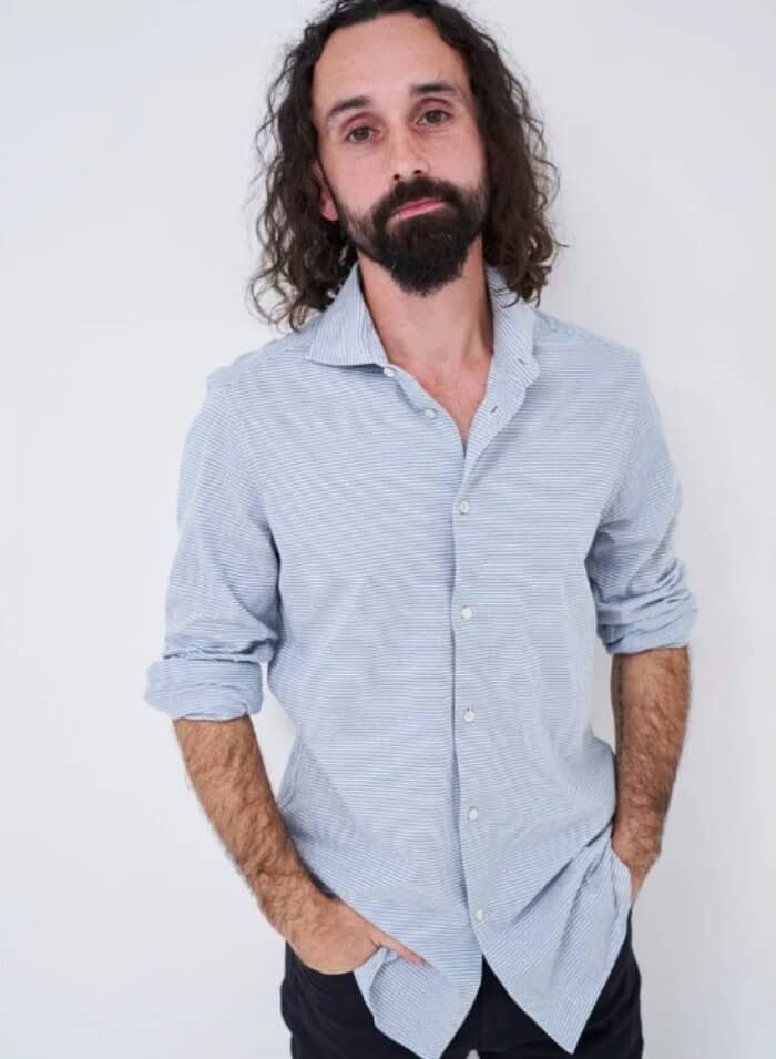 man wearing the italian sky horizontal popover shirt by neem