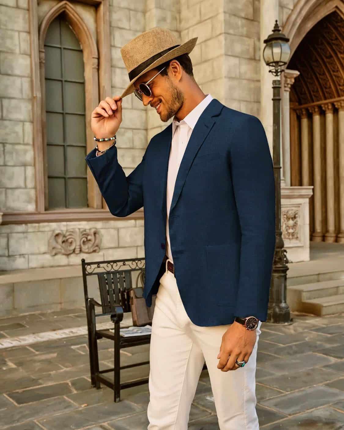 man holding his straw hat wearing a navy blazer and white pants