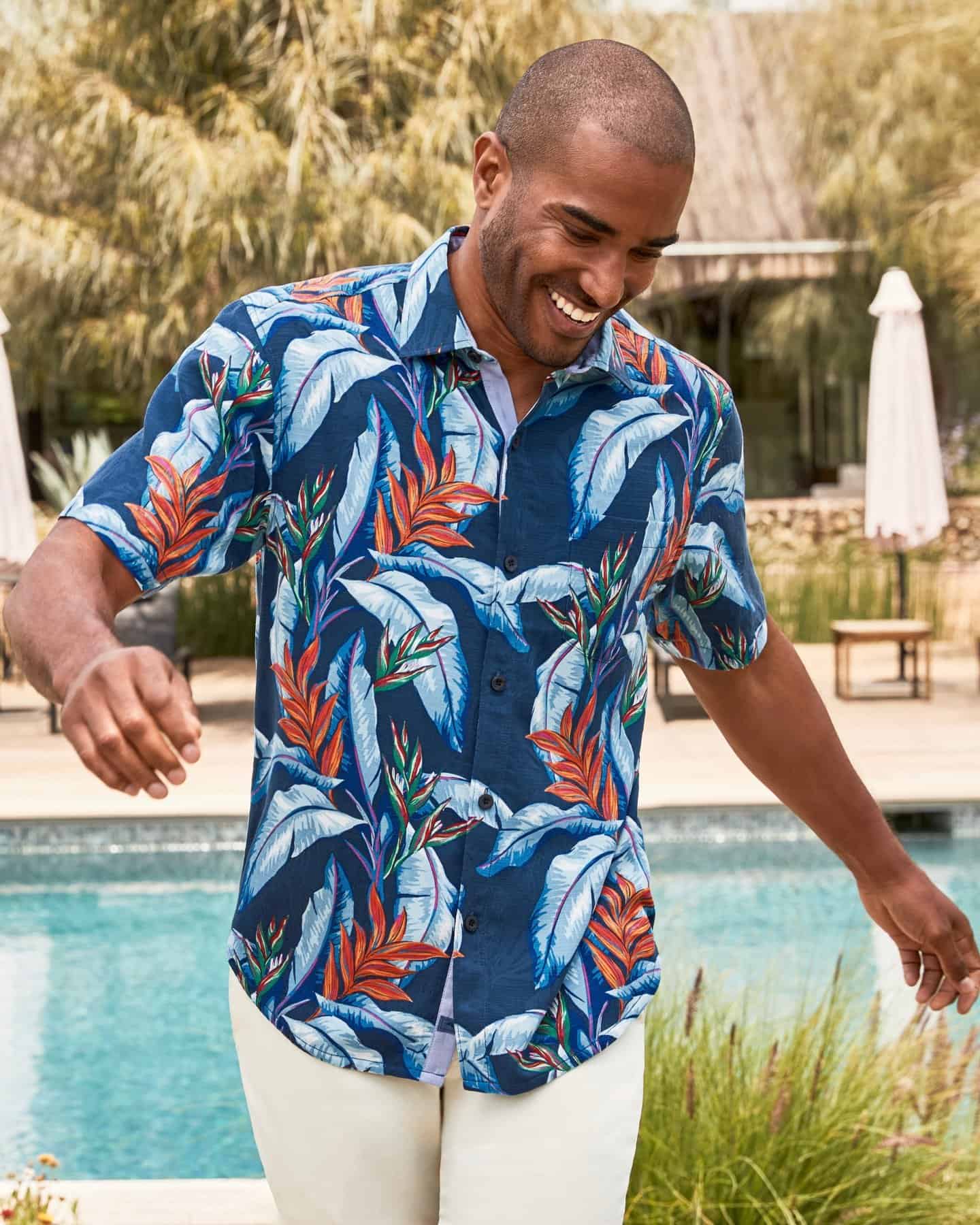 man wearing a short sleeved classic camp shirt by tommy bahama