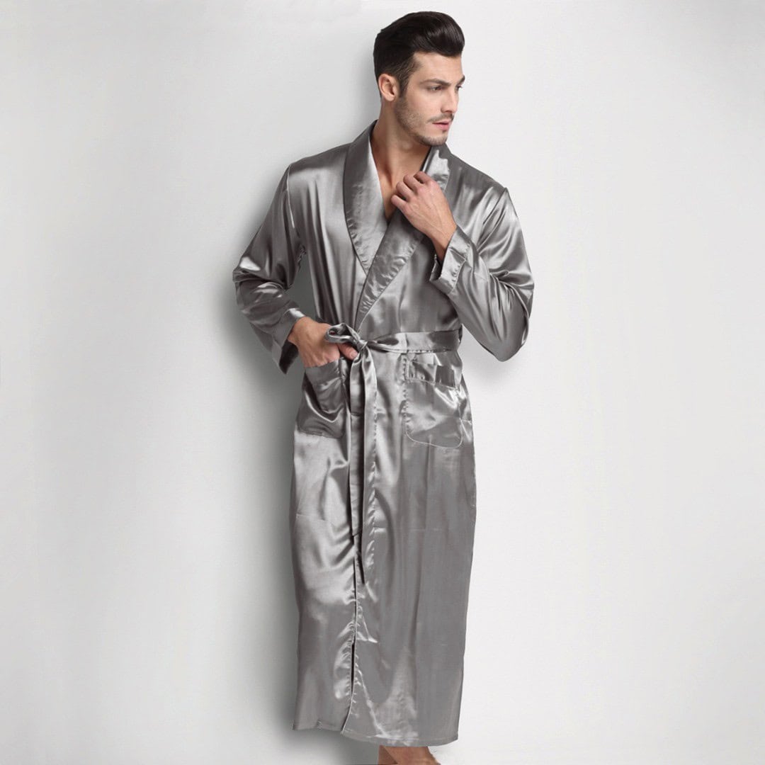 man wearing a silver silk robe by tony and candice