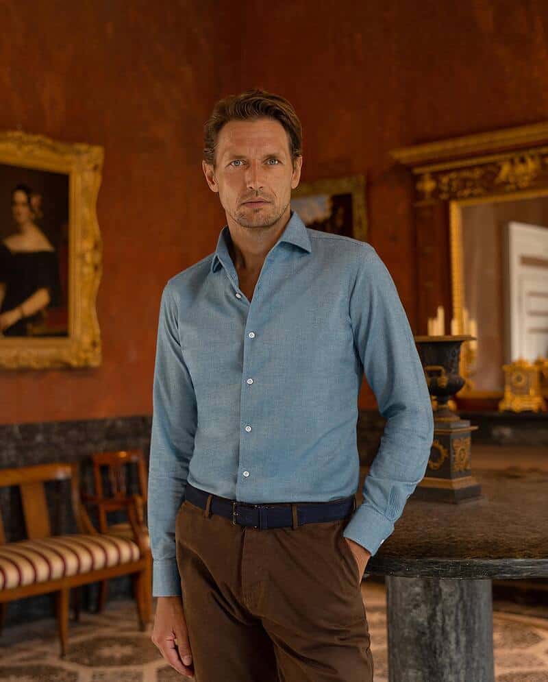 man wearing the brushed cotton shirt by luca faloni